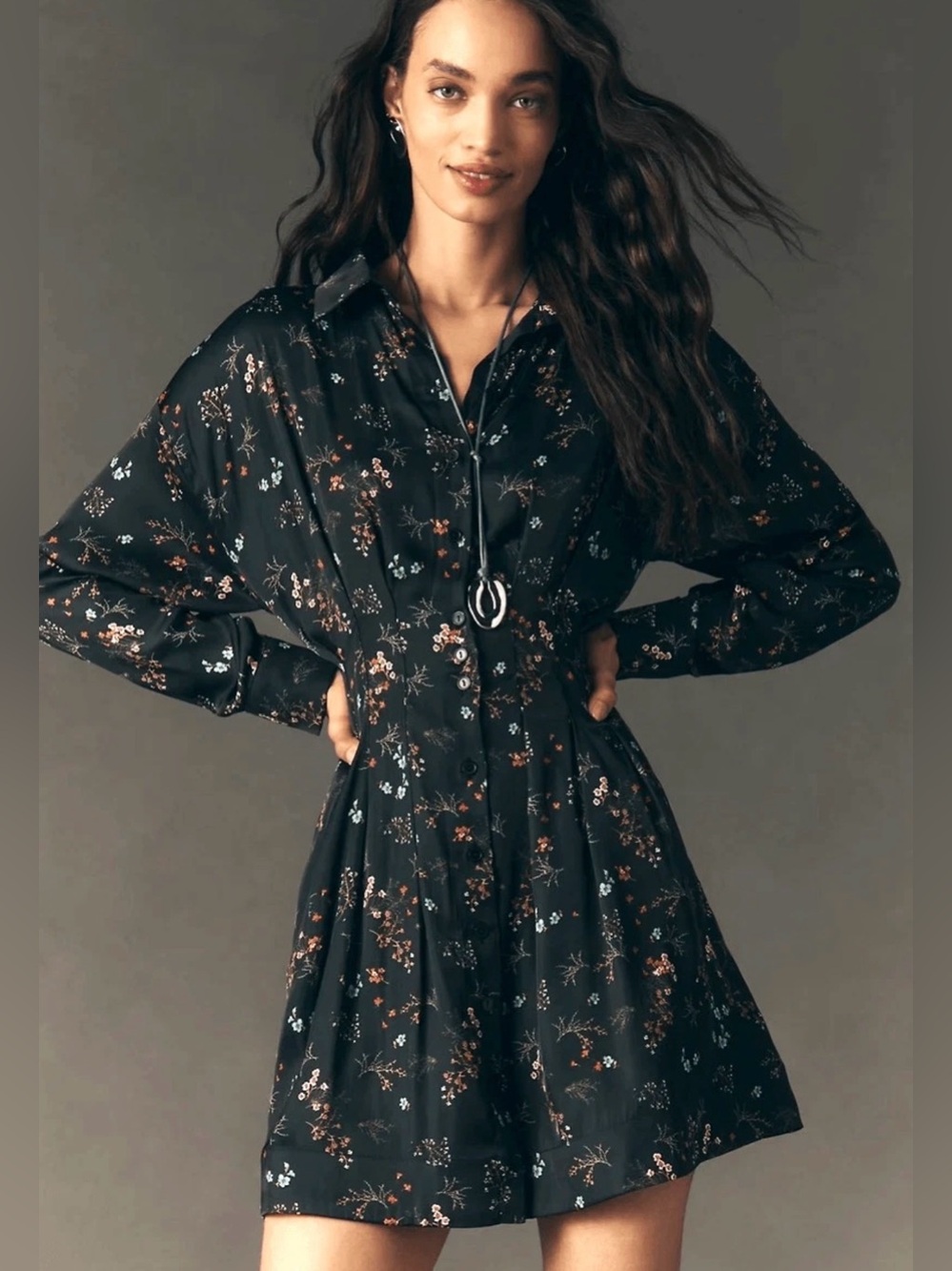 Anthropologie Exquise Tobie Long-Sleeve Satin Mini Shirt Dress M Black Floral